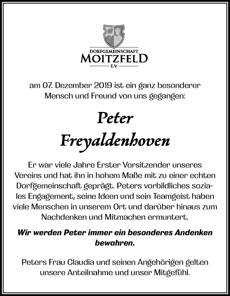  Traueranzeige für Peter Freyaldenhoven vom 14.12.2019 aus Kölner Stadt-Anzeiger / Kölnische Rundschau / Express