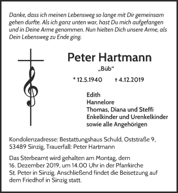 Anzeige von Peter Hartmann von  Kölner Wochenspiegel 