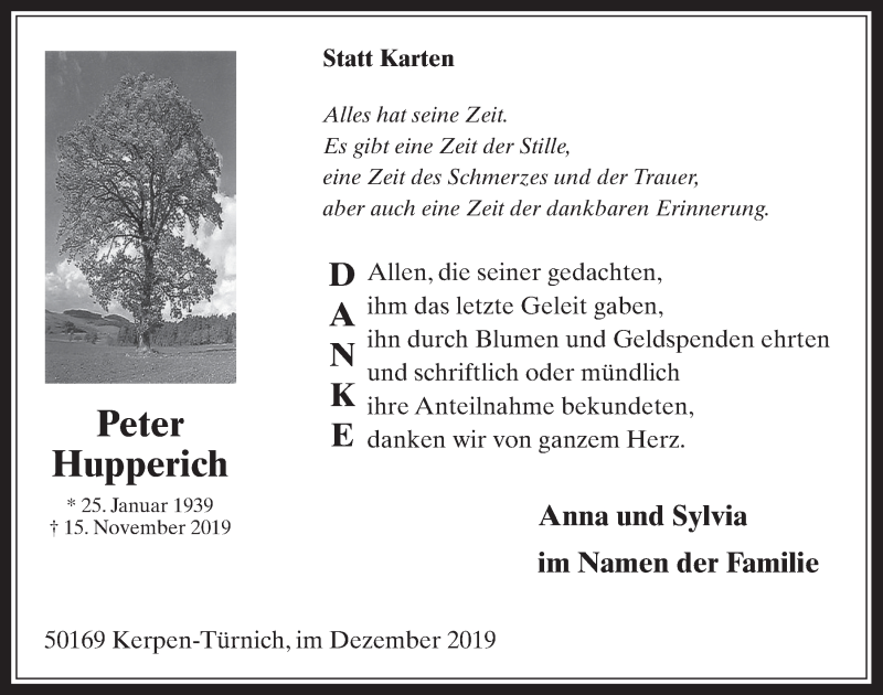  Traueranzeige für Peter Hupperich vom 04.12.2019 aus  Werbepost 