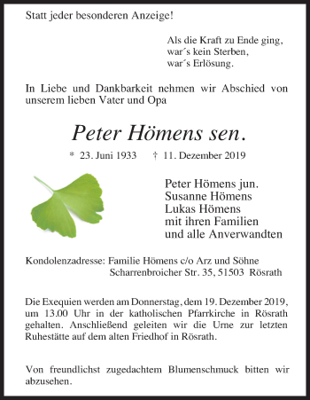 Anzeige von Peter Hömens von Kölner Stadt-Anzeiger / Kölnische Rundschau / Express