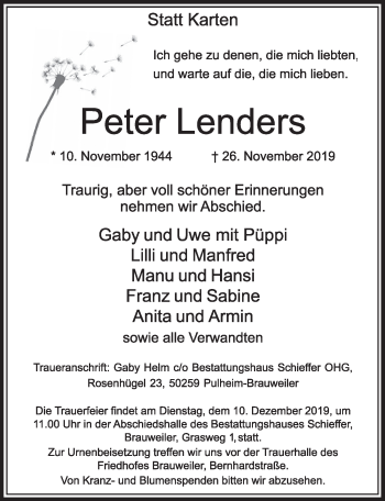 Anzeige von Peter Lenders von  Sonntags-Post 
