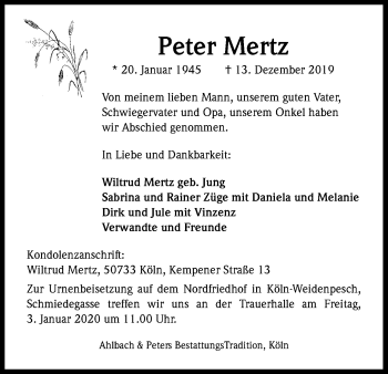 Anzeige von Peter Merz von Kölner Stadt-Anzeiger / Kölnische Rundschau / Express