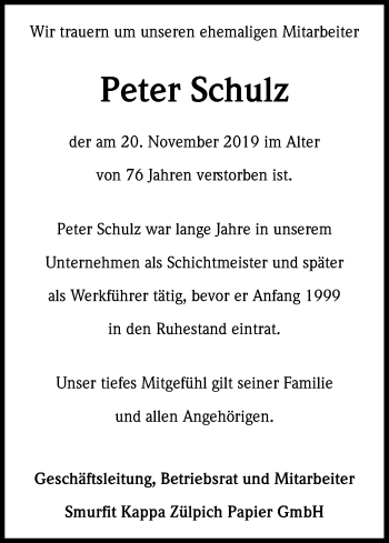 Anzeige von Peter Schulz von Kölner Stadt-Anzeiger / Kölnische Rundschau / Express