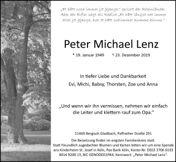 Anzeige von Peter Michael Lenz von Kölner Stadt-Anzeiger / Kölnische Rundschau / Express
