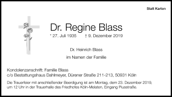 Anzeige von Regine Blass von Kölner Stadt-Anzeiger / Kölnische Rundschau / Express