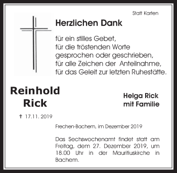 Anzeige von Reinhold Rick von  Wochenende 