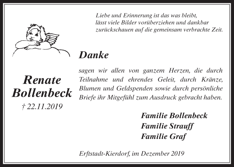  Traueranzeige für Renate Bollenbeck vom 23.12.2019 aus  Werbepost 