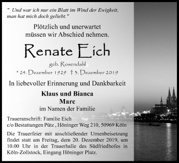 Anzeige von Renate Eich von Kölner Stadt-Anzeiger / Kölnische Rundschau / Express