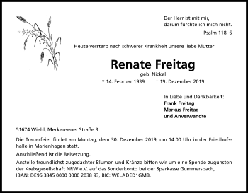 Anzeige von Renate Freitag von Kölner Stadt-Anzeiger / Kölnische Rundschau / Express
