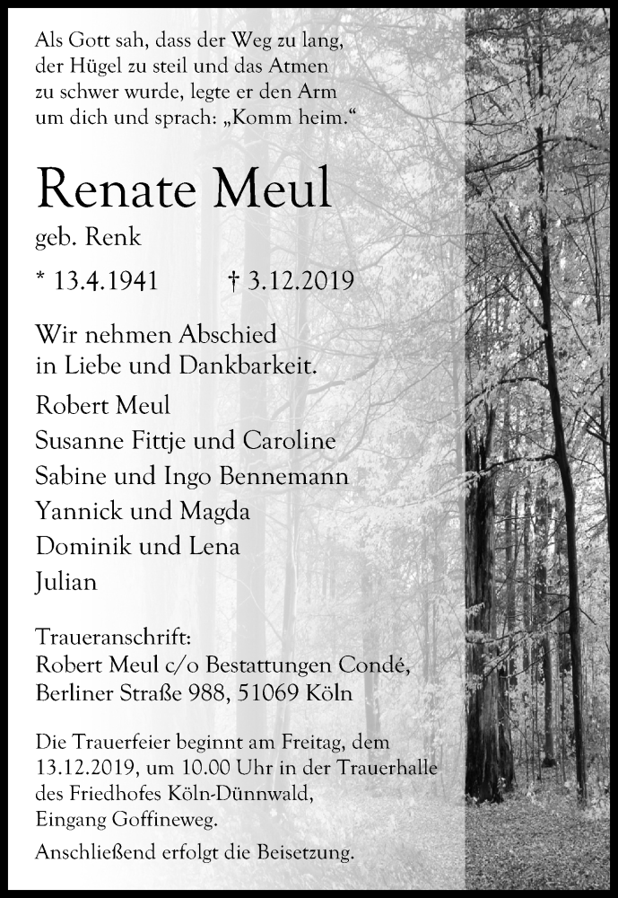  Traueranzeige für Renate Meul vom 07.12.2019 aus Kölner Stadt-Anzeiger / Kölnische Rundschau / Express