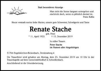 Anzeige von Renate Stache von Kölner Stadt-Anzeiger / Kölnische Rundschau / Express