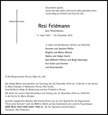 Anzeige von Resi Feldmann von Kölner Stadt-Anzeiger / Kölnische Rundschau / Express