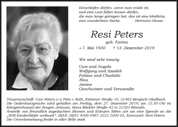 Anzeige von Resi Peters von  Bergisches Handelsblatt 