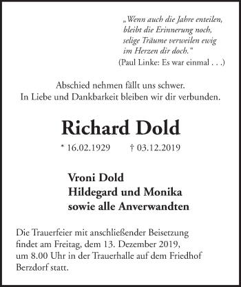 Anzeige von Richard Dold von  Schlossbote/Werbekurier 