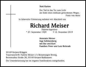 Anzeige von Richard Meiser von Kölner Stadt-Anzeiger / Kölnische Rundschau / Express