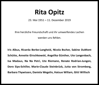 Anzeige von Rita Opitz von Kölner Stadt-Anzeiger / Kölnische Rundschau / Express