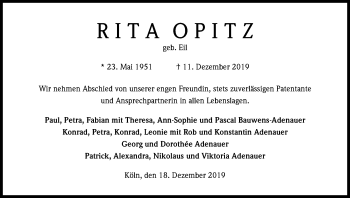 Anzeige von Rita Opitz von Kölner Stadt-Anzeiger / Kölnische Rundschau / Express