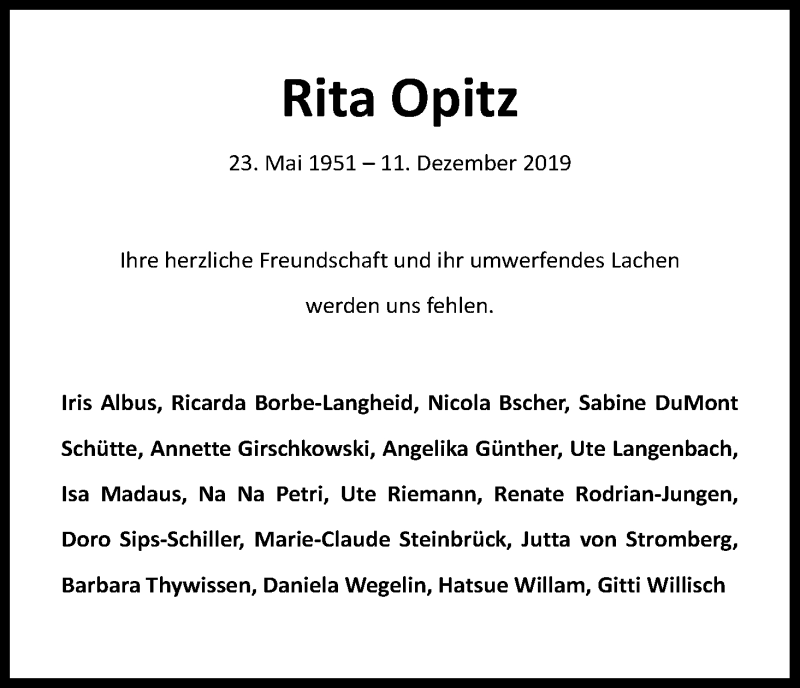  Traueranzeige für Rita Opitz vom 18.12.2019 aus Kölner Stadt-Anzeiger / Kölnische Rundschau / Express
