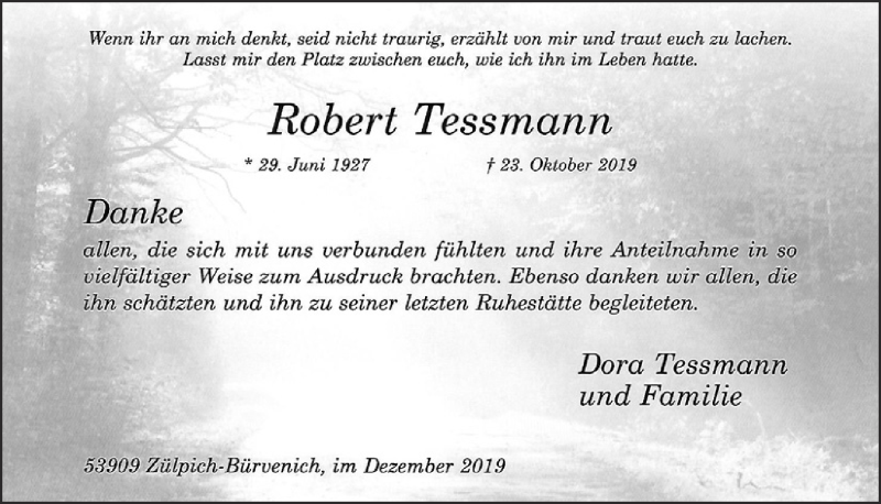  Traueranzeige für Robert Tessmann vom 07.12.2019 aus  Blickpunkt Euskirchen 