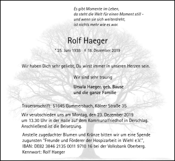 Anzeige von Rolf Haeger von Kölner Stadt-Anzeiger / Kölnische Rundschau / Express