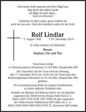 Anzeige von Rolf Lindlar von  Kölner Wochenspiegel 