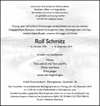 Anzeige von Rolf Schmitz von Kölner Stadt-Anzeiger / Kölnische Rundschau / Express