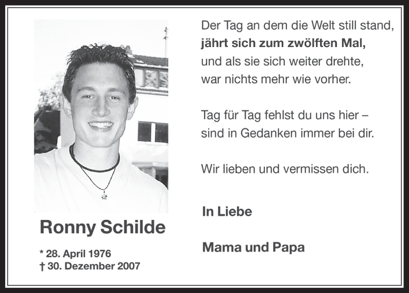  Traueranzeige für Ronny Schilde vom 28.12.2019 aus  Sonntags-Post 