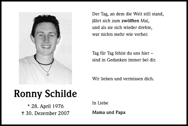  Traueranzeige für Ronny Schilde vom 30.12.2019 aus Kölner Stadt-Anzeiger / Kölnische Rundschau / Express