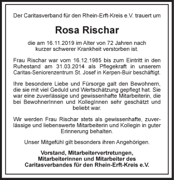 Anzeige von Rosa Rischar von  Sonntags-Post 