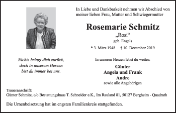 Anzeige von Rosemarie Schmitz von  Sonntags-Post 