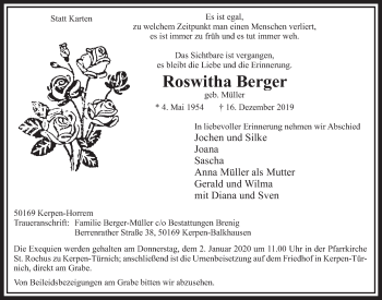 Anzeige von Roswitha Berger von  Sonntags-Post 