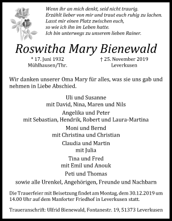 Anzeige von Roswitha Mary Bienewald von Kölner Stadt-Anzeiger / Kölnische Rundschau / Express