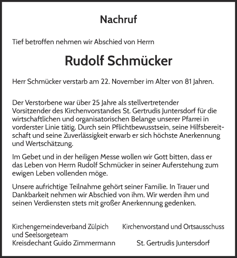  Traueranzeige für Rudolf Schmücker vom 07.12.2019 aus  Blickpunkt Euskirchen 