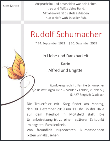 Anzeige von Rudolf Schumacher von Kölner Stadt-Anzeiger / Kölnische Rundschau / Express