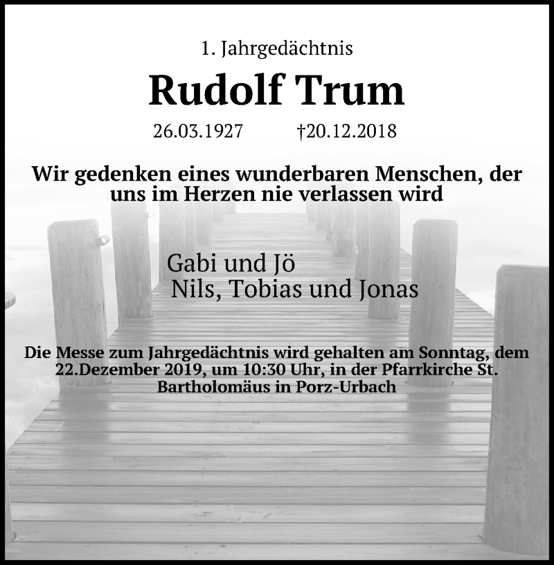  Traueranzeige für Rudolf Trum vom 20.12.2019 aus Kölner Stadt-Anzeiger / Kölnische Rundschau / Express
