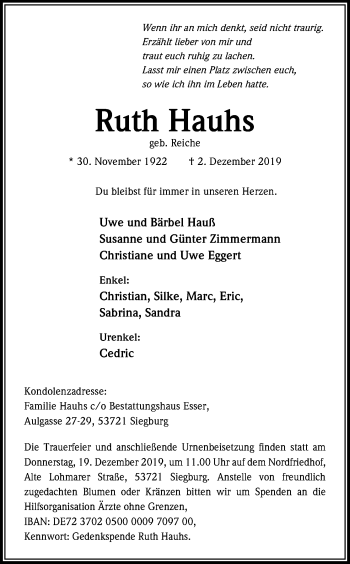 Anzeige von Ruth Hauhs von Kölner Stadt-Anzeiger / Kölnische Rundschau / Express
