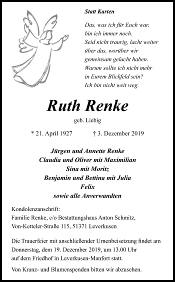Anzeige von Ruth Renke von Kölner Stadt-Anzeiger / Kölnische Rundschau / Express