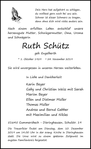 Anzeige von Ruth Schütz von  Anzeigen Echo 