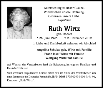 Anzeige von Ruth Wirtz von Kölner Stadt-Anzeiger / Kölnische Rundschau / Express