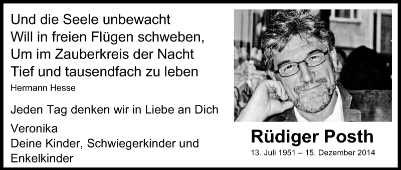  Traueranzeige für Rüdiger Posth vom 14.12.2019 aus Kölner Stadt-Anzeiger / Kölnische Rundschau / Express