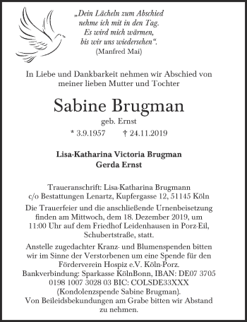 Anzeige von Sabine Brugman von  Kölner Wochenspiegel 