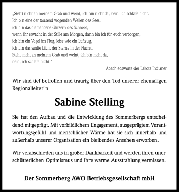 Anzeige von Sabine Stelling von Kölner Stadt-Anzeiger / Kölnische Rundschau / Express