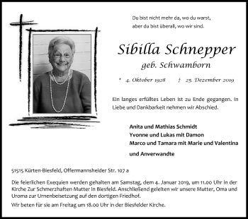 Anzeige von Sibilla Schnepper von Kölner Stadt-Anzeiger / Kölnische Rundschau / Express