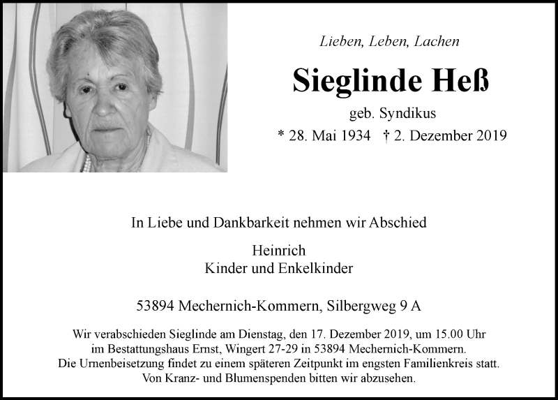  Traueranzeige für Sieglinde Heß vom 07.12.2019 aus  Blickpunkt Euskirchen 