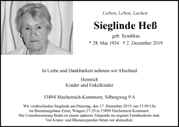 Anzeige von Sieglinde Heß von  Blickpunkt Euskirchen 