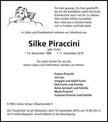 Anzeige von Silke Piraccini von Kölner Stadt-Anzeiger / Kölnische Rundschau / Express