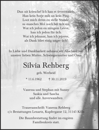 Anzeige von Silvia Rehberg von  Kölner Wochenspiegel 
