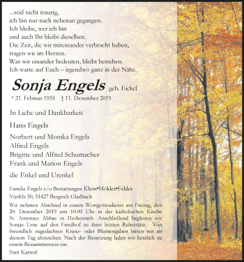 Anzeige von Sonja Engels von  Bergisches Sonntagsblatt 