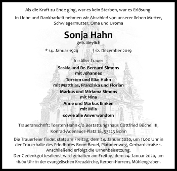 Anzeige von Sonja Hahn von Kölner Stadt-Anzeiger / Kölnische Rundschau / Express