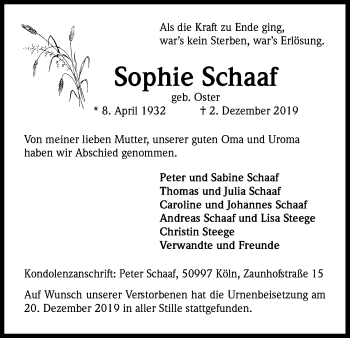 Anzeige von Sophie Schaaf von Kölner Stadt-Anzeiger / Kölnische Rundschau / Express